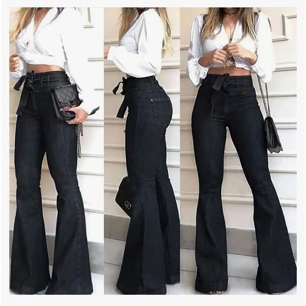 NEW High Waisted Bell Bottom Jean Denim Wide Leg Belted XL Long Black - Image 2