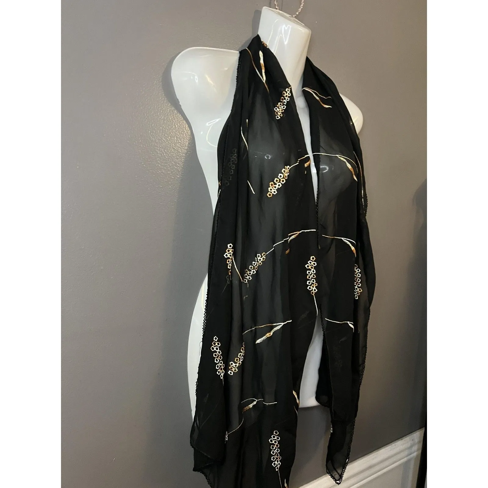Black Sheer Floral Embroidered Scarf Wrap Shawl Sarong Gold Accents Womens - Image 4