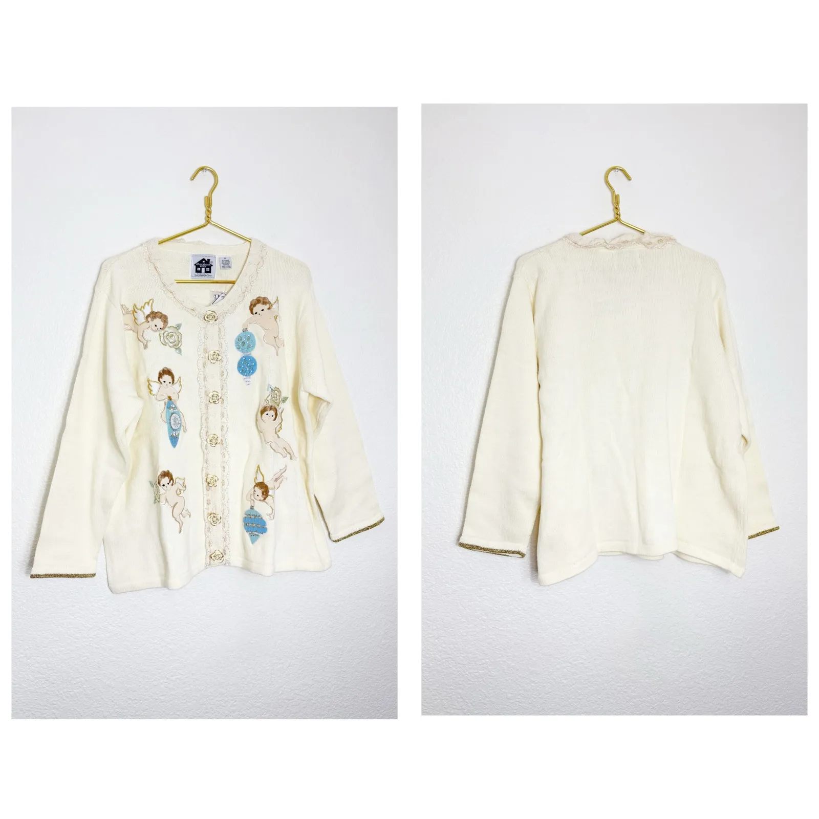 Vintage Storybook Knits Special Delivery Cardigan Size 2X Cherub Angel Christmas Blue - Image 2