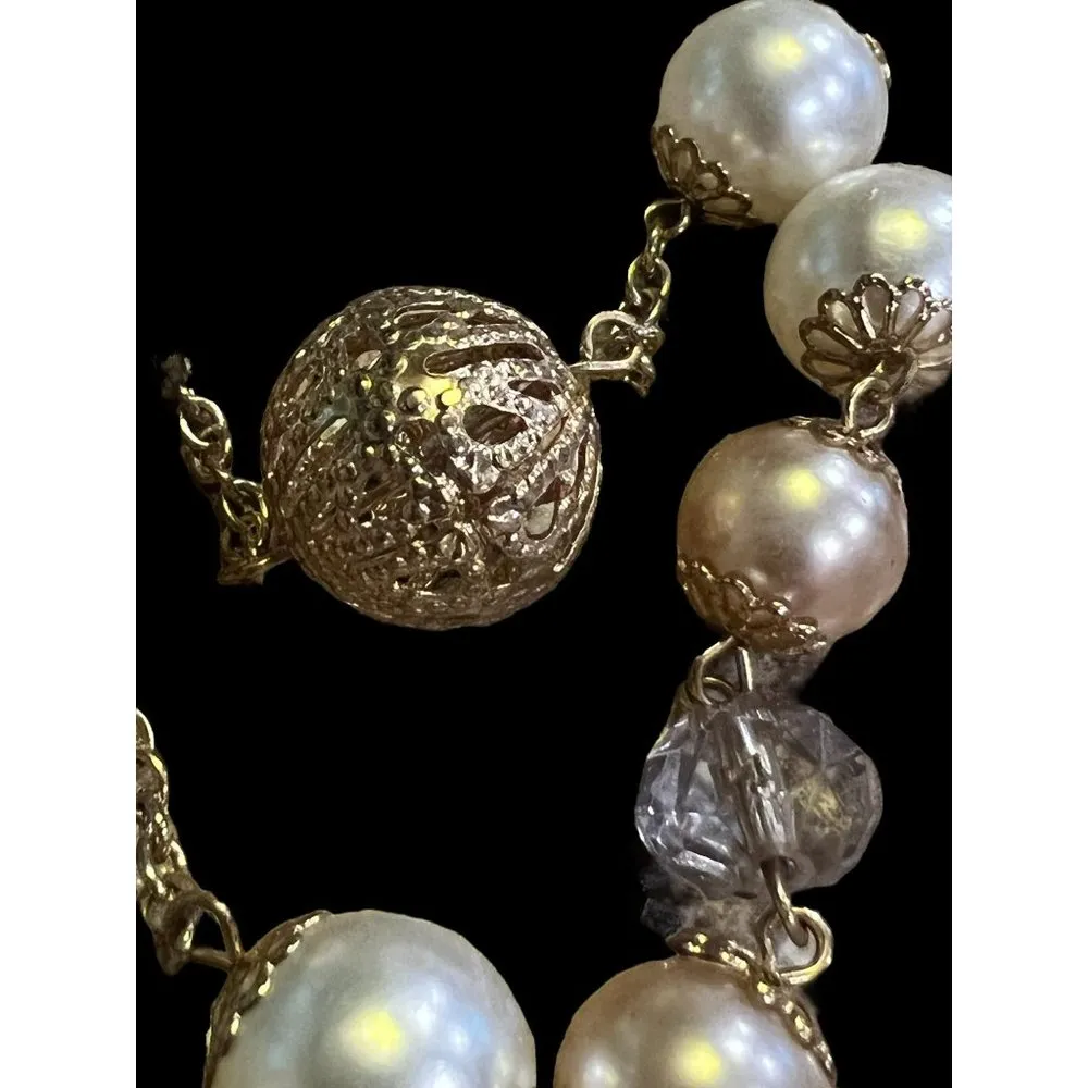 Vintage Gold Tone Necklace Open filagree beads white champagne faux pearls - Image 3