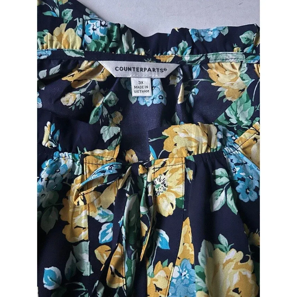 Counterparts Blue Yellow Floral Front Tie Blouse Size 3X - Image 3