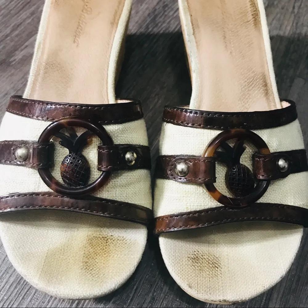 Tommy Bahama Pineapple One Strap Slide Cork Wedge Sandals Size 7.5 Cream Brown - Image 5