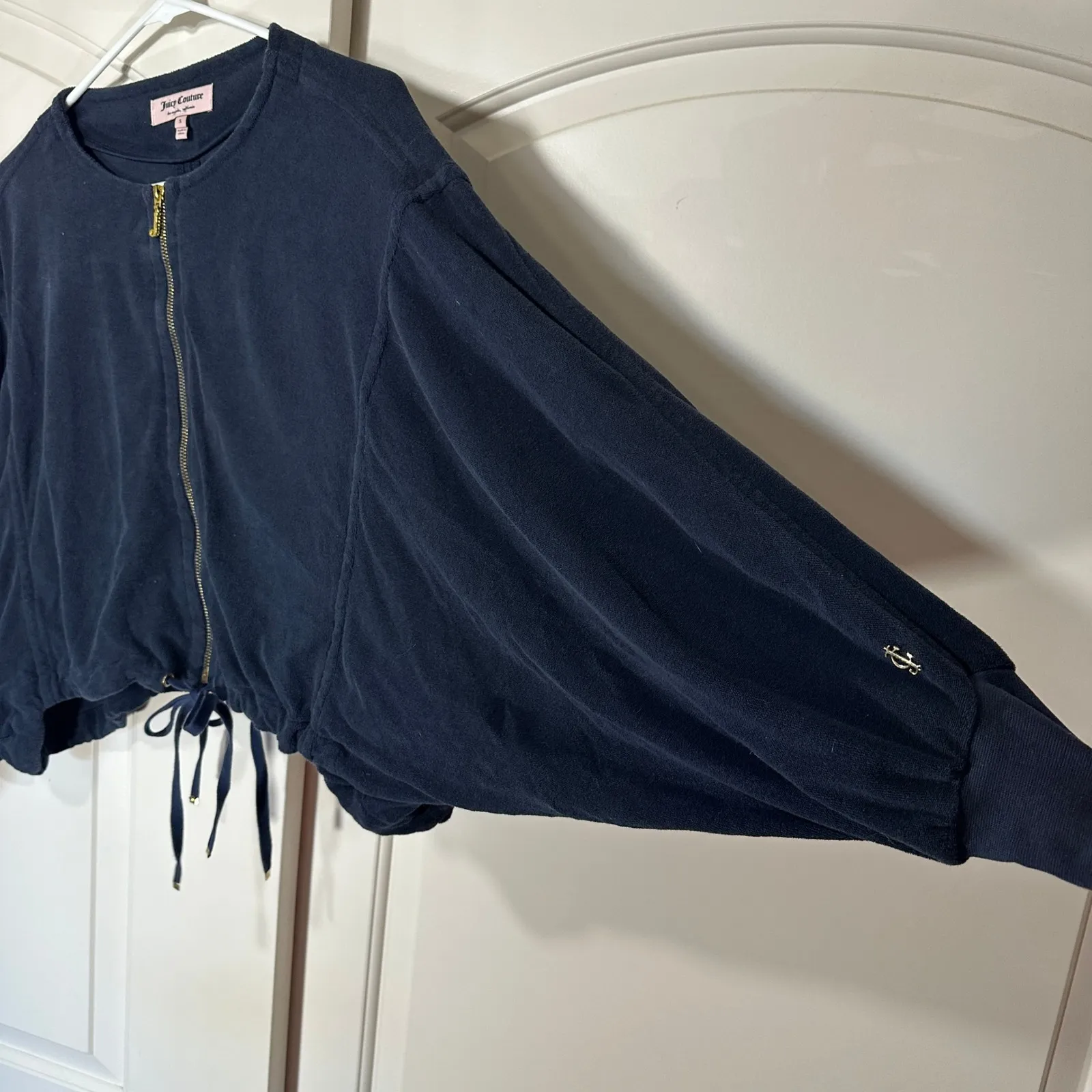 Juicy Couture Navy Blue Velour Zip Up Jacket Sweatshirt Dolman Sleeve Tie Small - Image 5
