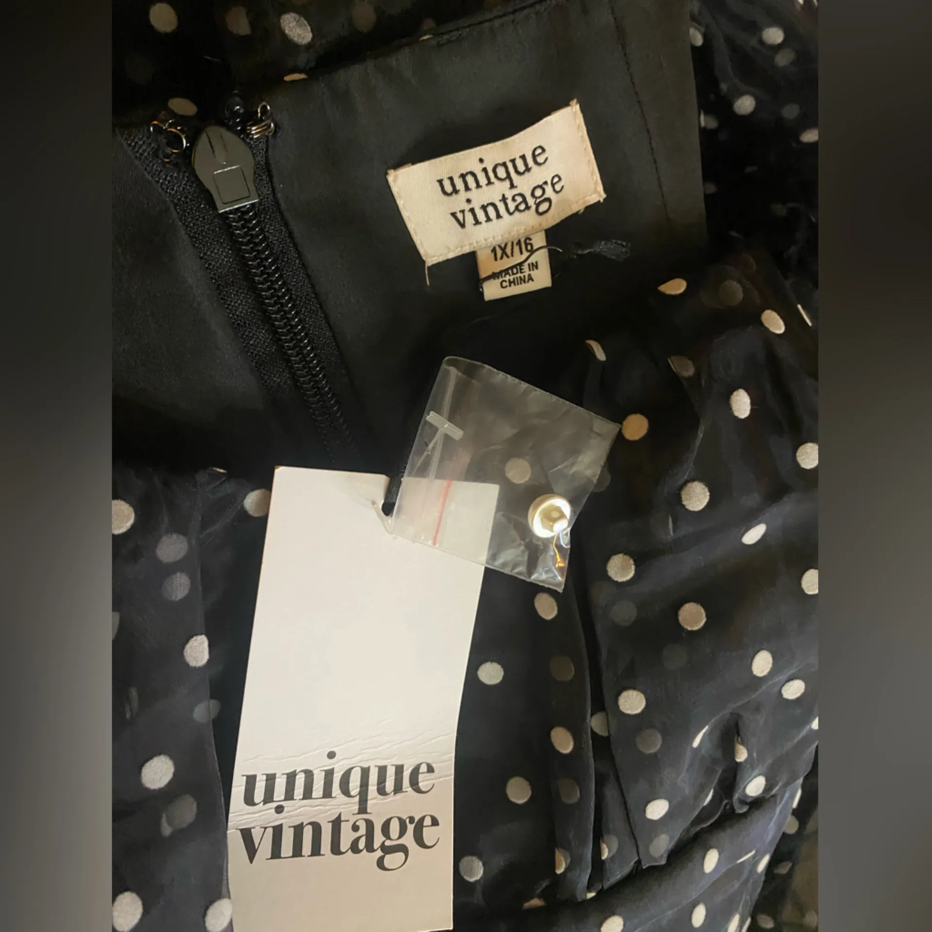 Unique Vintage Black Polka Dot Sheer
Overlay Midi Dress NWT 1X/16 - Image 5