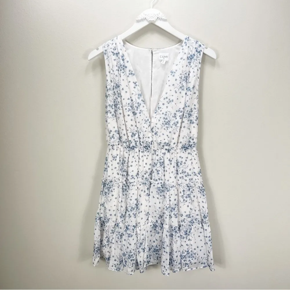 CAMI NYC Egle Dress Denim Flower Low Cut  White Floral Silk Revolve Small S - Image 2