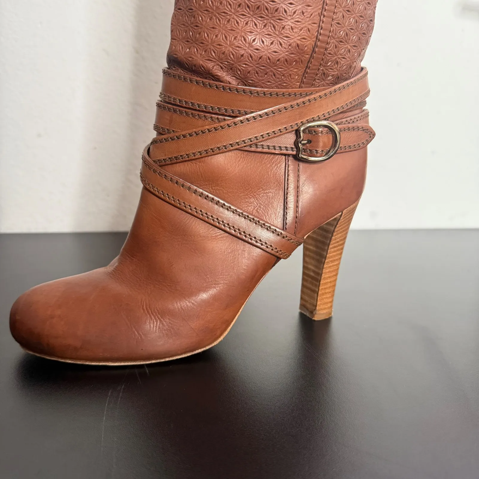 NAVYBOOT Eva Turner Brown Leather High Heel Boots Perforated Cutout Straps Sz 37 - Image 16