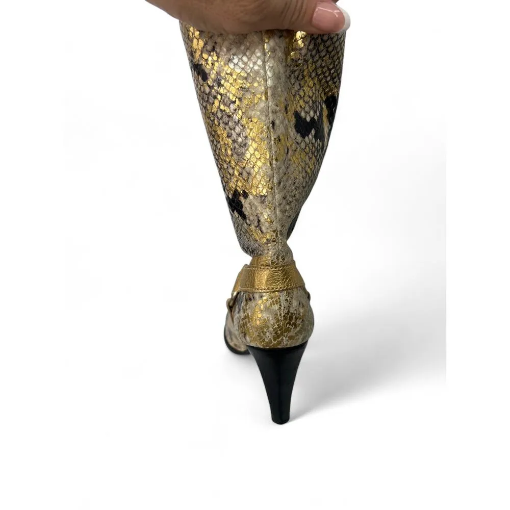 MK Michael Kors 7 Tall Heeled Ankle Boots Booties Snake Skin Gold Chain Metallic - Image 4