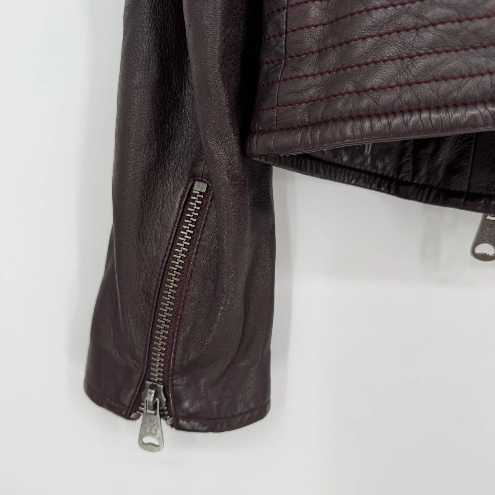 Weekend Max Mara Womens Leather Moto Jacket Burgundy Asymmetrical Zip Moto Style Brown Size 6 - Image 10