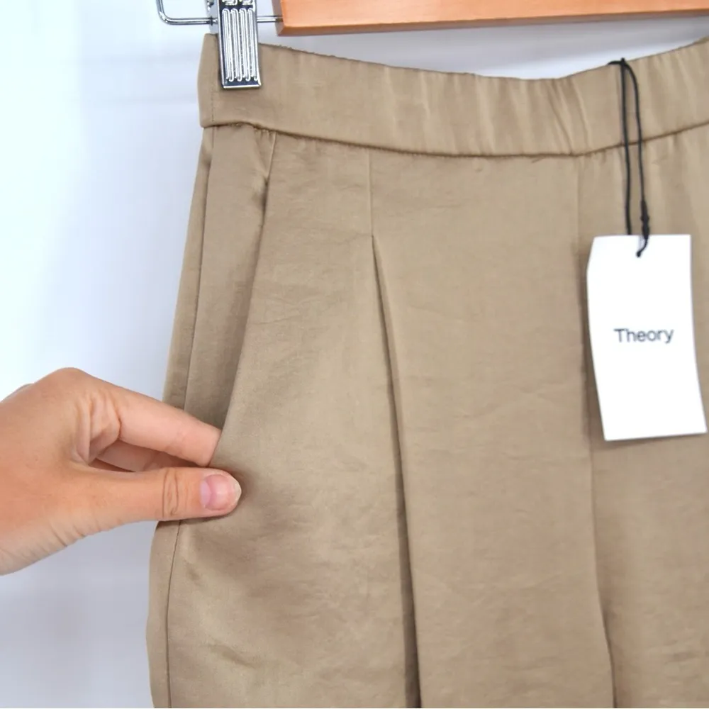 NEW Theory Pleated Carrot Trouser Pant Pull On Crushed Satin in Beige Women's 00 - Image 4