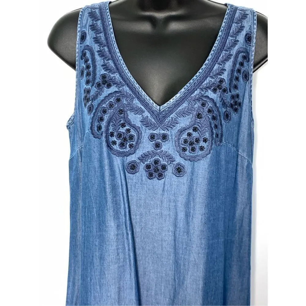 Beige By ECI Sleeveless Embroidered With Fringe Chambray Denim Dress Blue Small - Image 3