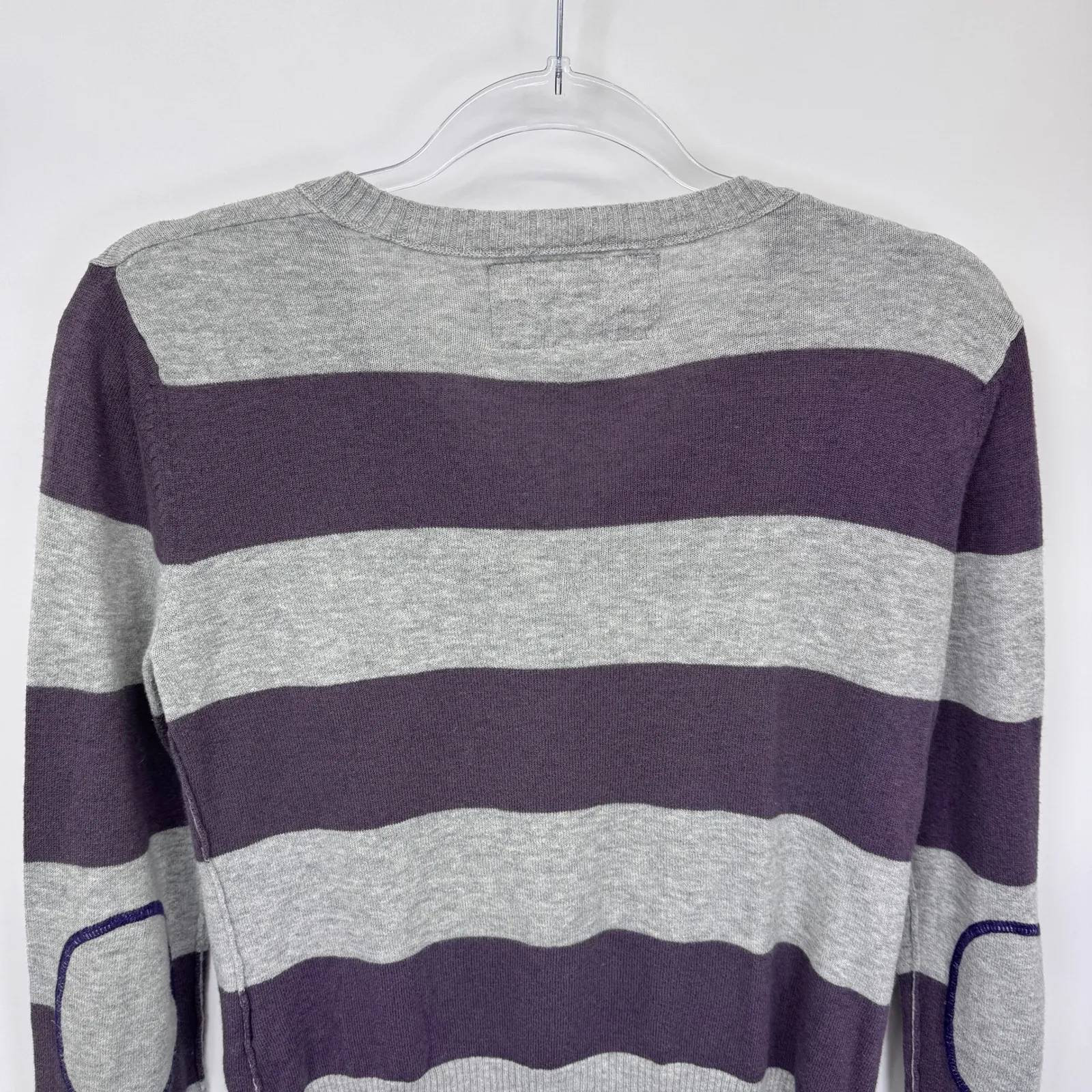 Vintage Y2K AEO Striped Cardigan Sweater Women's M Purple Gray Elbow Patch‎ - Image 7