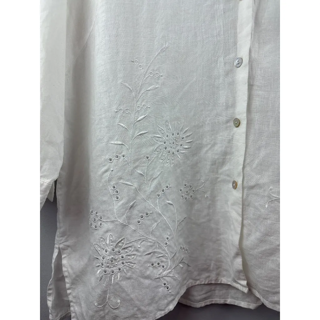 Women’s Edward XL Irish Linen Shell Button Up White Floral Embroidery 3 Quarter - Image 2