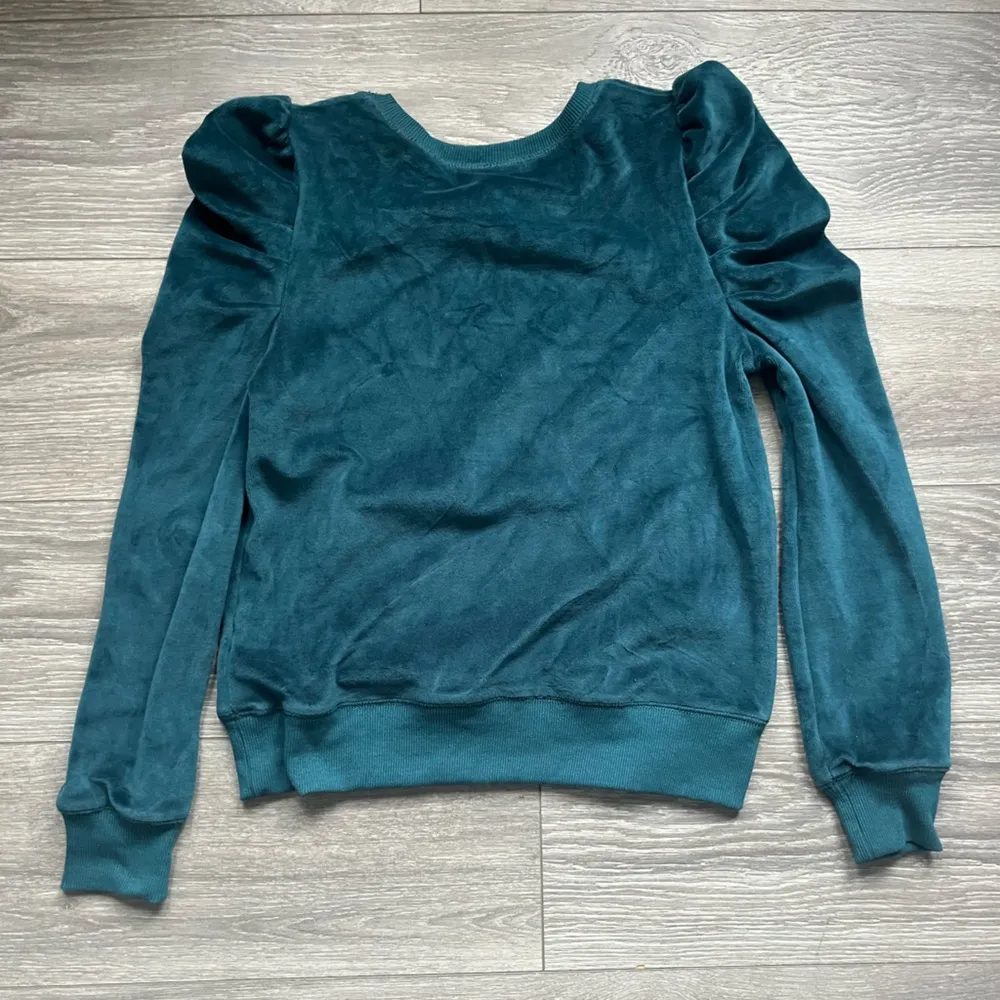 Rebecca Minkoff Teal Blue Green Long Puff Sleeve Velvet Velour Sweater Size XS - Image 2