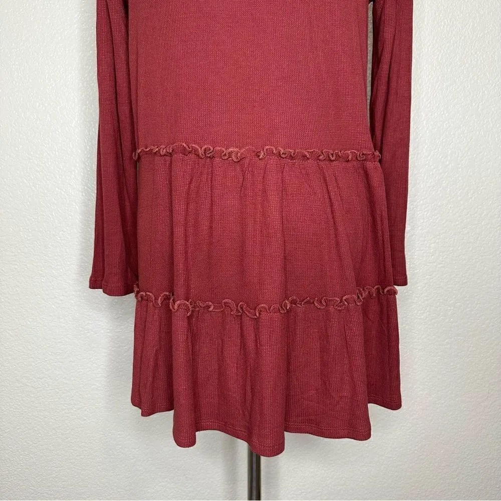 Pink Lily Burgundy Waffle Knit Tiered Ruffle Skirt Long Sleeves Dress - Image 8