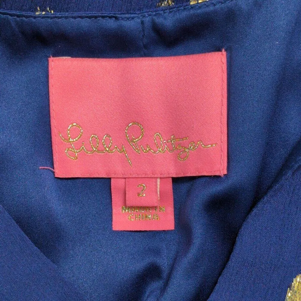 Lilly Pulitzer Blue Shalynn Silk Caftan Dress V Neck Gold Feather Size 2 - Image 6