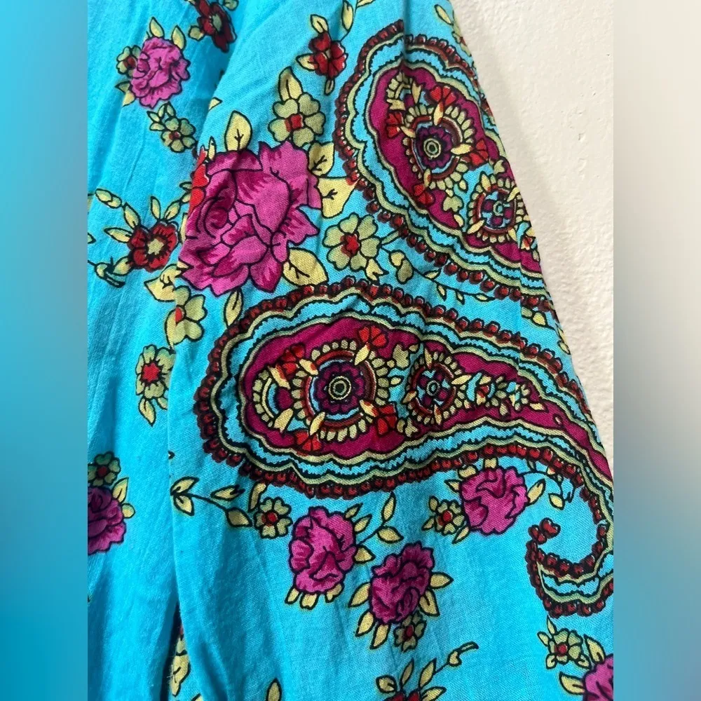 Boho Turquoise Paisley Tunic Top Medium 100% Cotton Festival V - Image 9