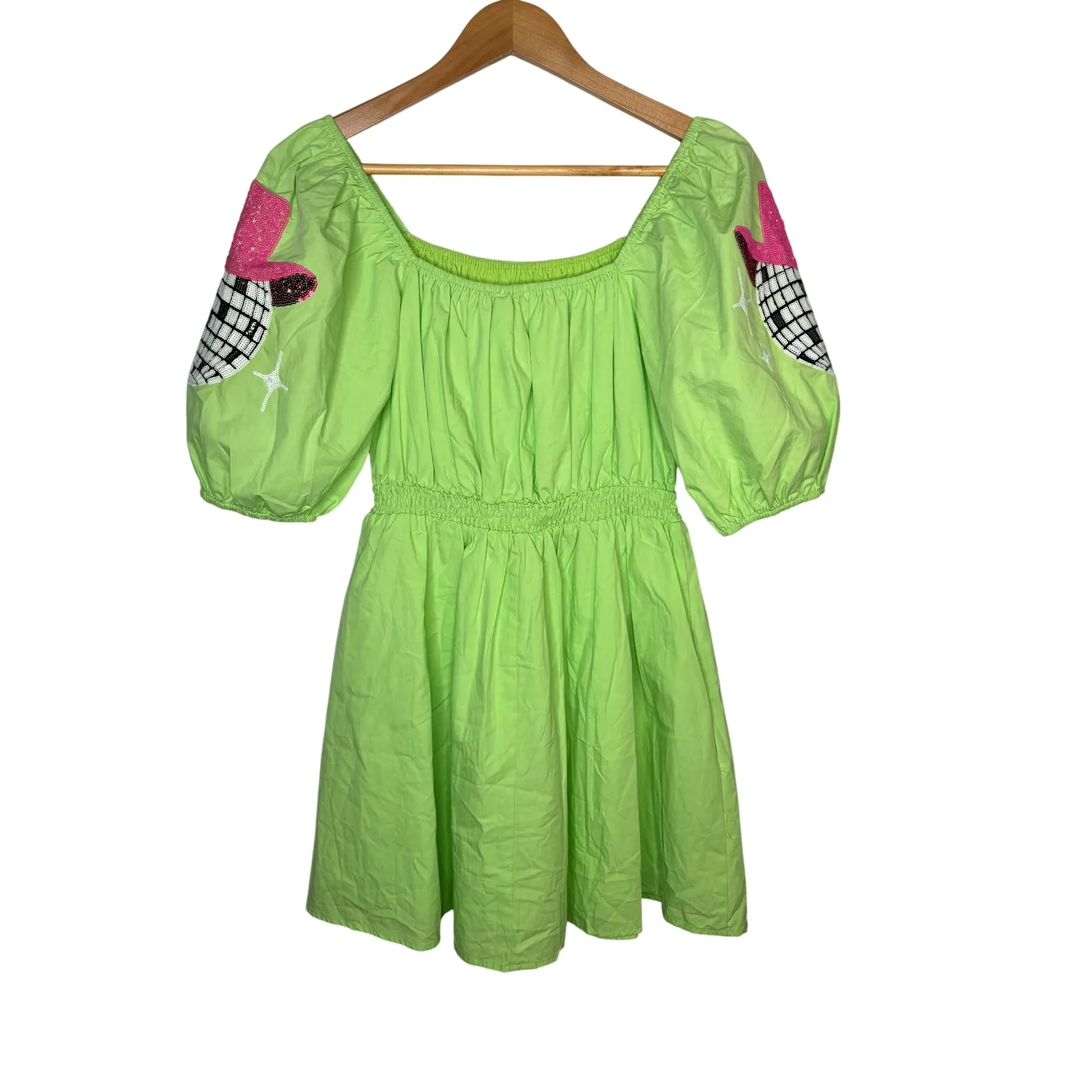 Fantastic Fawn Disco Cowgirl Mini Dress Green Sequin Puff Sleeve Size Medium - Image 3