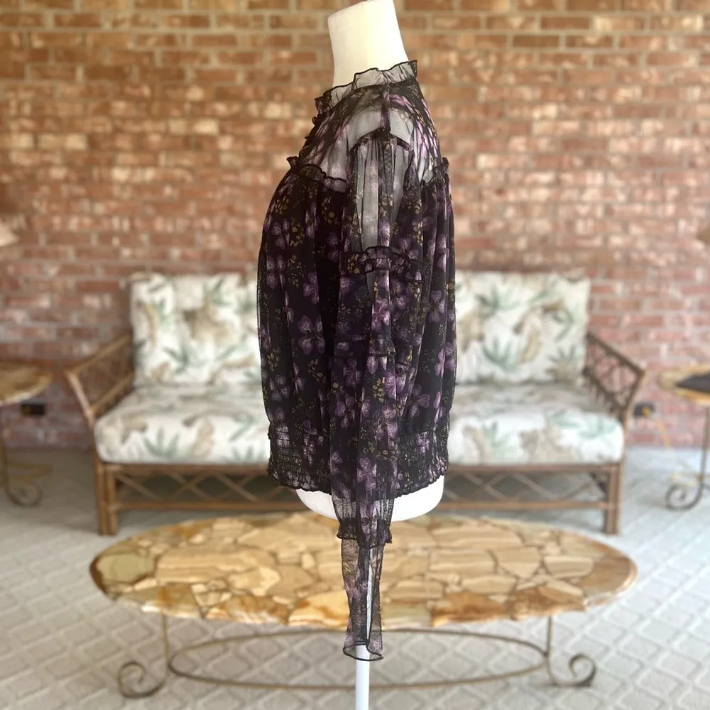 Calligraphie Black Purple Floral Mesh High Neck Smocked Top XL - Image 9