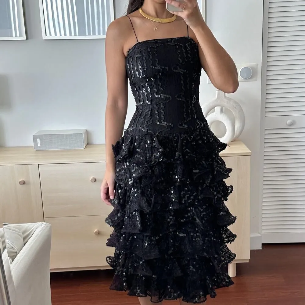 Vintage Lillie Rubin Corset Dress Womens 80s Black Sequin Tiered Cocktail Ruffle Black Size 2 - Image 2