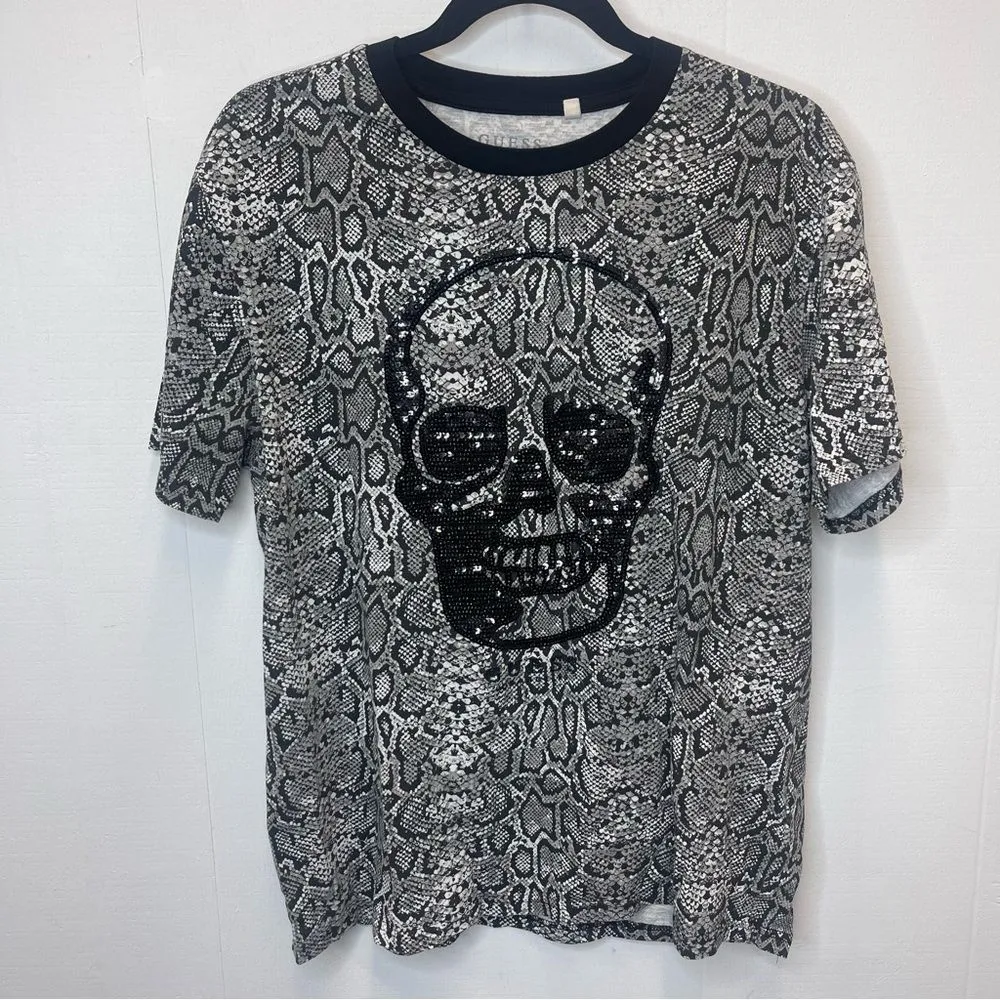 Guess Women’s Size Large Snake Print Skull Tee Top Black and Gray Sequin Rock - Image 3