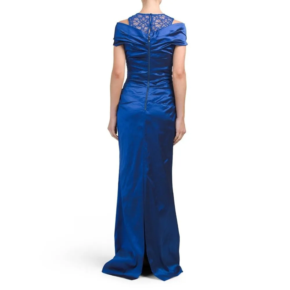 NWT Rickie Freeman for Teri Jon Royal Blue Ruched Off Shoulder Lace Neck Dress 4 - Image 2
