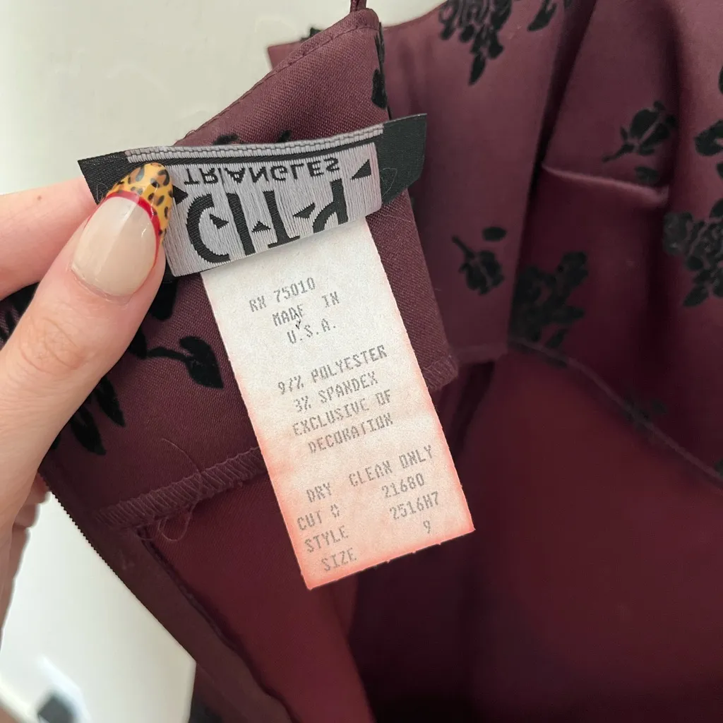 Vintage 90s Goth Romantic Burgundy Velvet Floral Embossed Cocktail Midi Dress Red Size undefined - Image 5