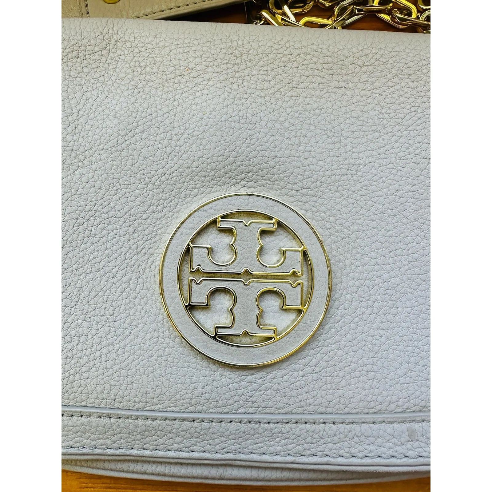 Tory Burch Amanda Logo Gray Crossbody Clutch Gold Chain Flap Magnetic‎ Closure - Image 10