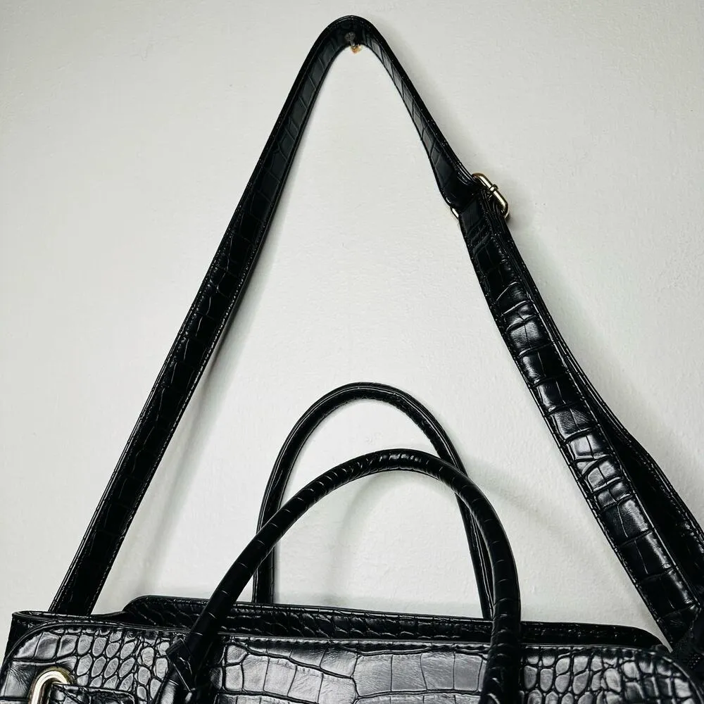 Unbranded Black Crocodile Patterned Genuine Leather Shoulder Straps Tote Bag - Image 7