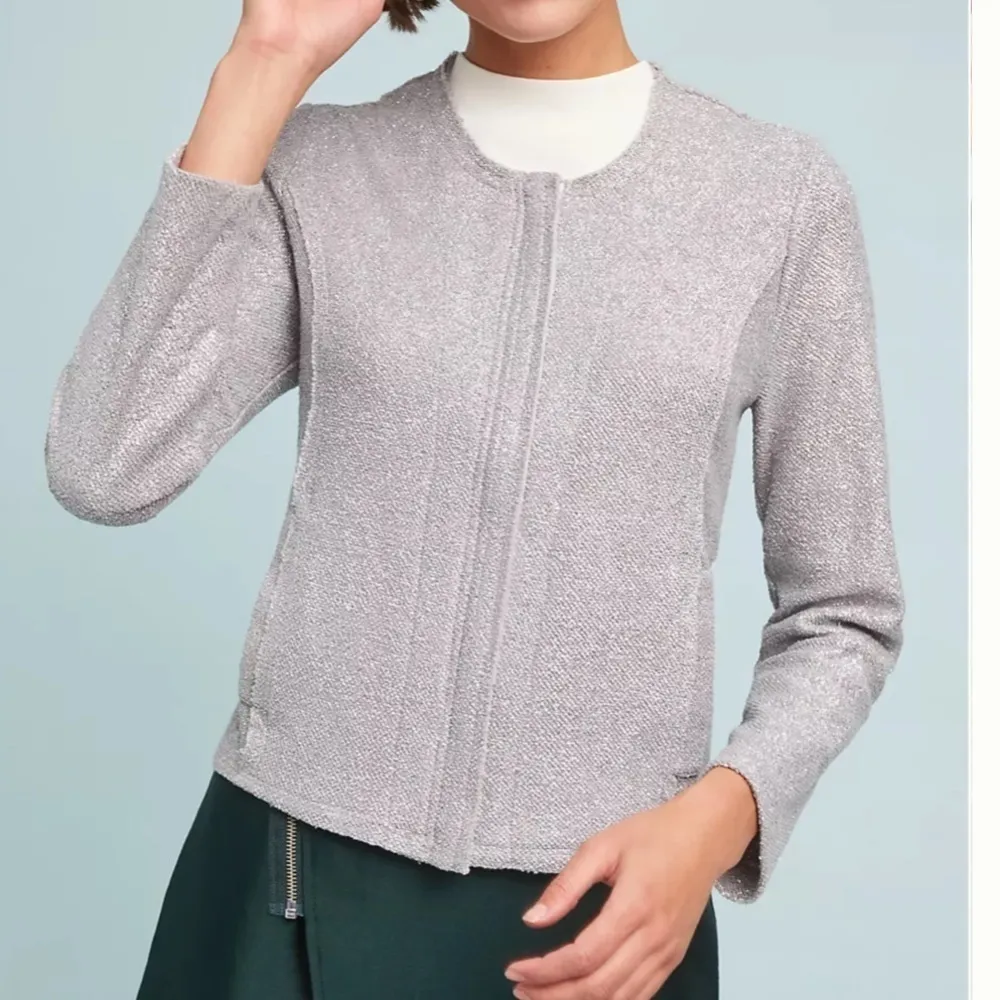 ANTHROPOLOGIE Dolan Trendy Silver Metallic Zip Up Jacket Size L NEW - Image 2