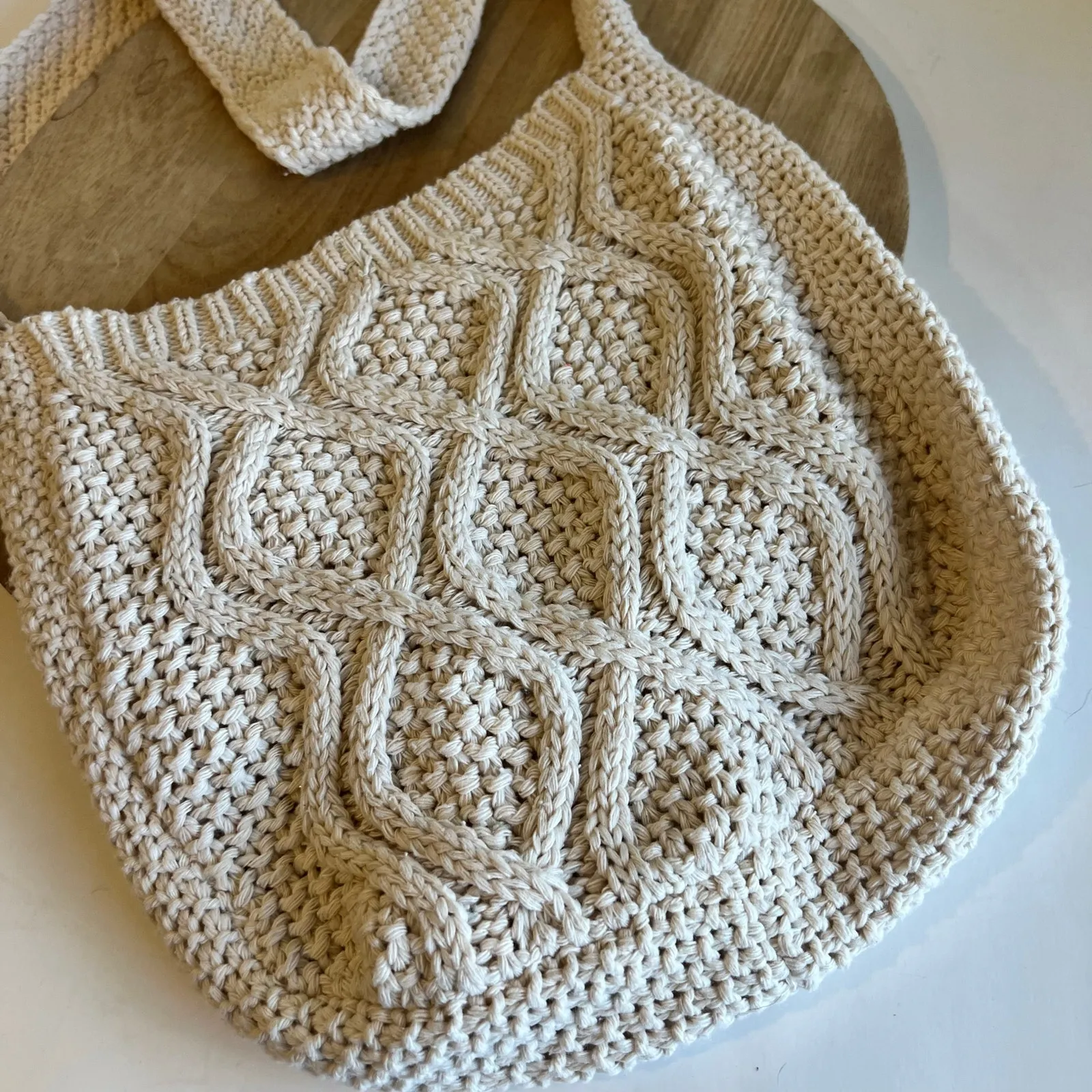 Cream Woven Soft Knit Shoulder Tote Medium Market Book Bag White - Image 6