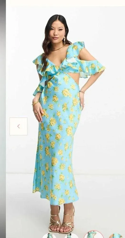 Asos Design Petite Satin Midaxi Dress With Multi Flutter Sleeves In Blue Floral - Image 4