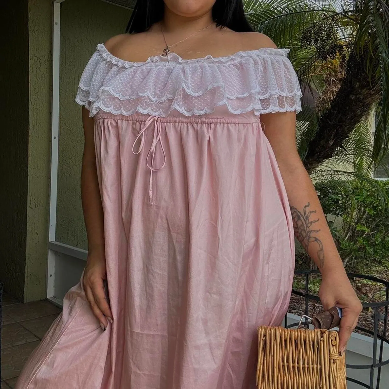 Vintage Lanvin Pink Lace Dress Lace Coquette Nightgown Chic Garden Party Size M - Image 4