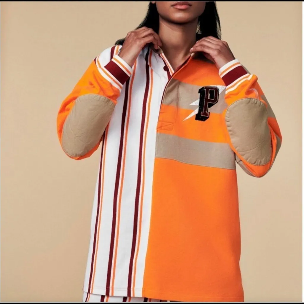 PUMA Orange Tan White Burgundy Striped Collegiate Logo Collared Shirt $95 NWT M - Image 14
