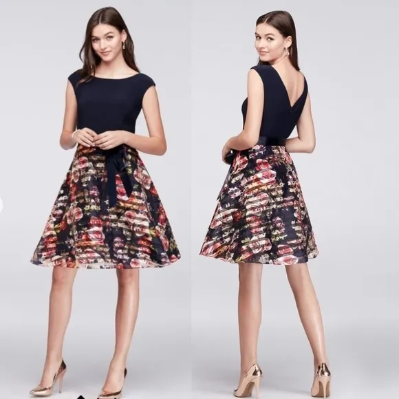 SLNY Floral Fit & Flare Dress Tulle Mesh Striped Navy Blue & Pink Size 14 - Image 2