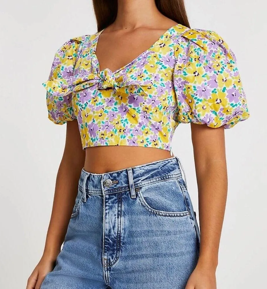 River Island floral Puffed Sleeve tie front crop top Yellow and Purple size 14 - Image 4