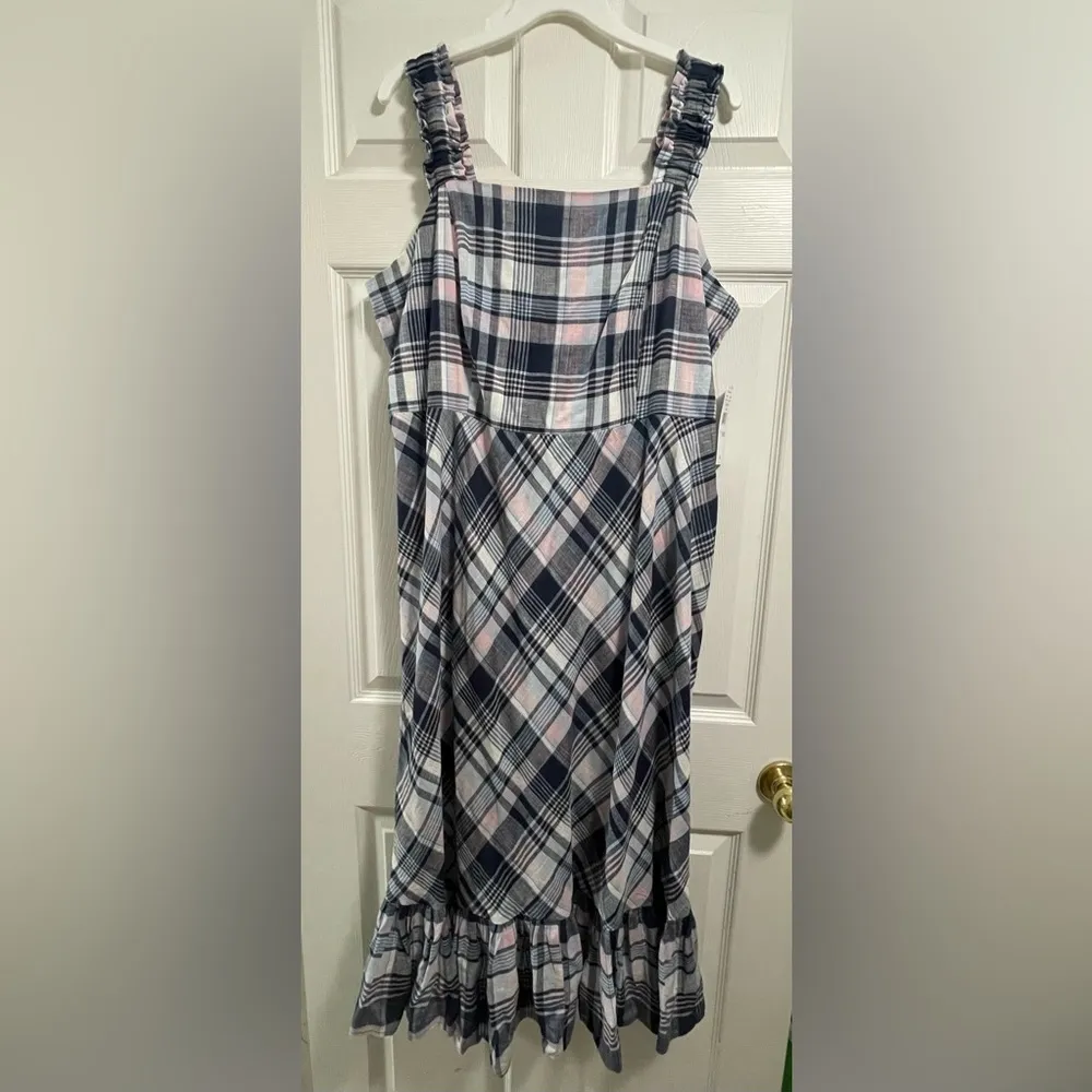 52seven Maxi Dress Women’ Plaid Sleeveless Square Neck Smocked Linen Ruffle 16W Blue - Image 2