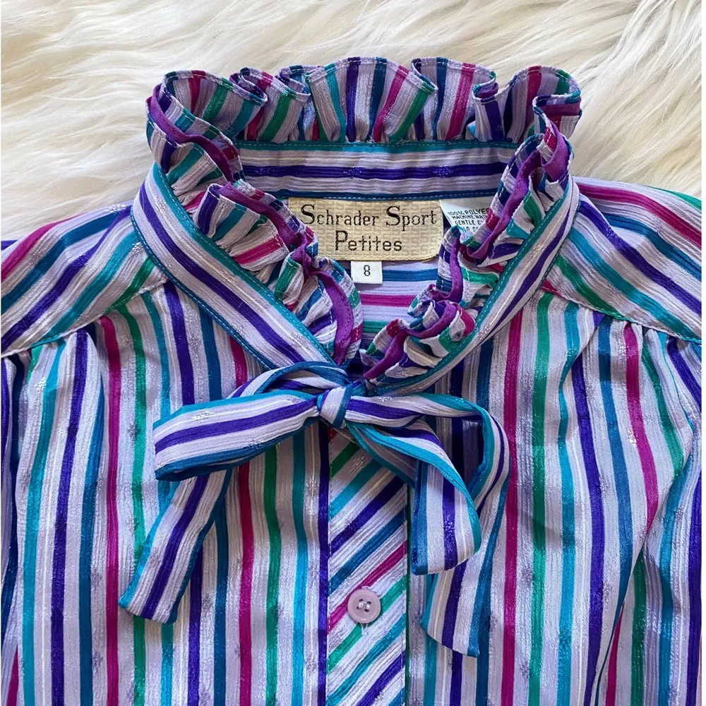 VTG Purple Rainbow Schrader Sport Petites Stripe Dress Size 8 - Image 8
