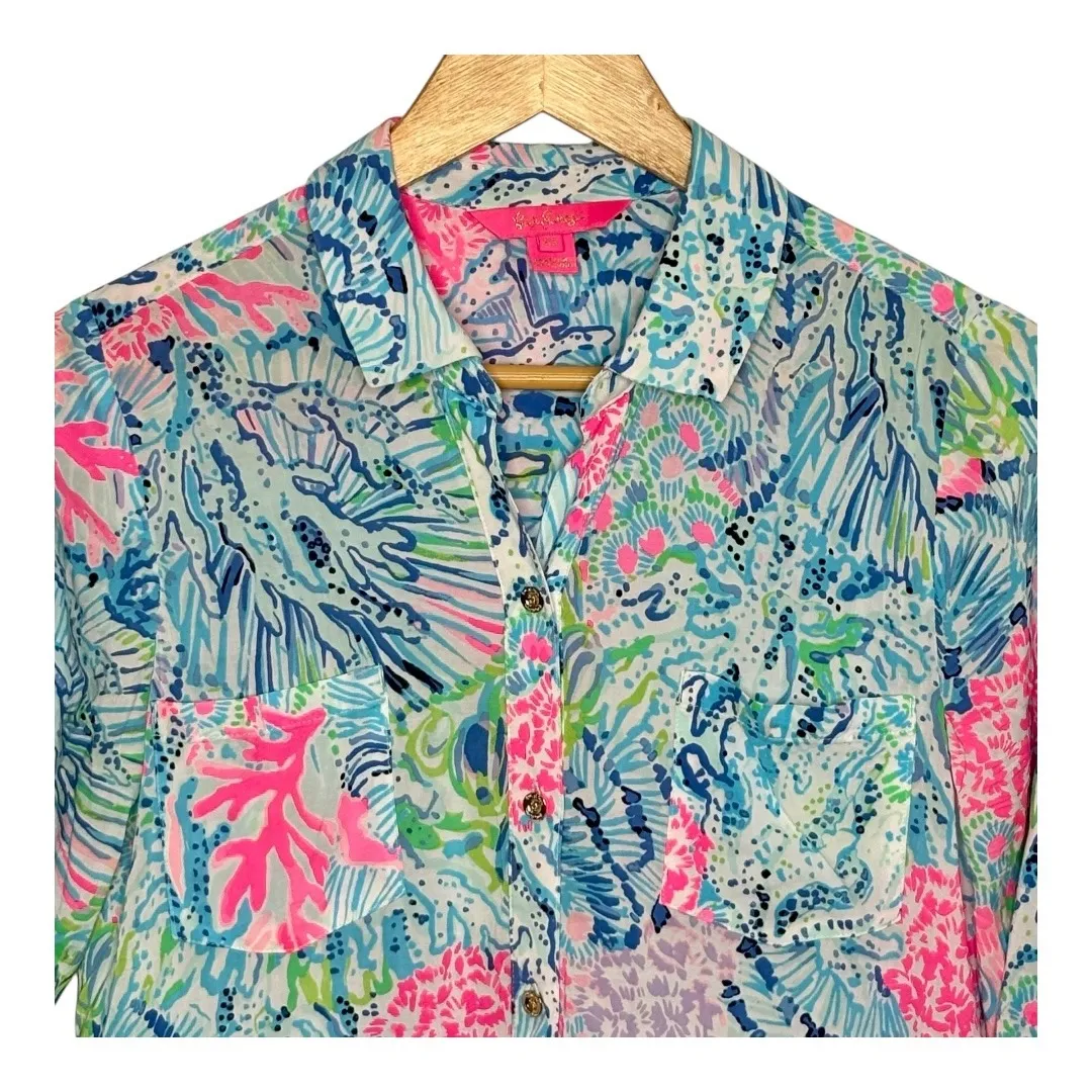 Lilly Pulitzer Natalie Coverup Top Button Down Roll Tab Sleeve Women Size‎ XS - Image 3