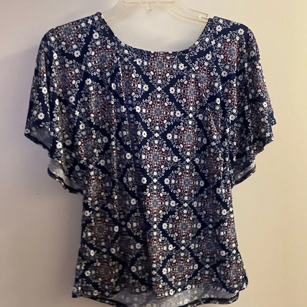 Espresso Womens Top Blouse S Small Navy Blue Geometric Floral Red White Blue - Image 7