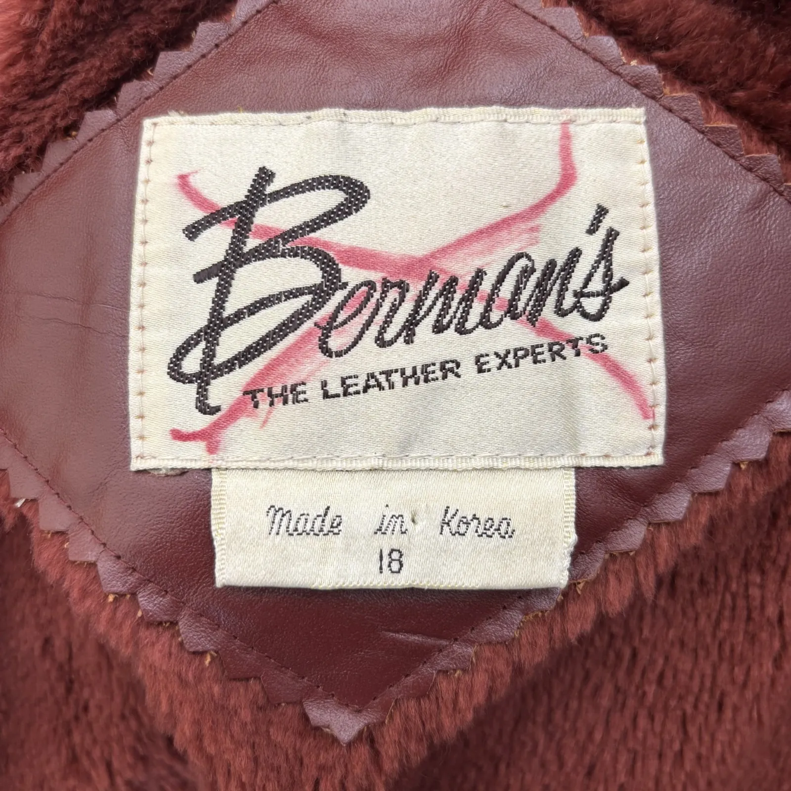 VTG Berman's Leather Jacket Womens 18 Maroon Red Belted Button Up Fleece Lined - Image 9