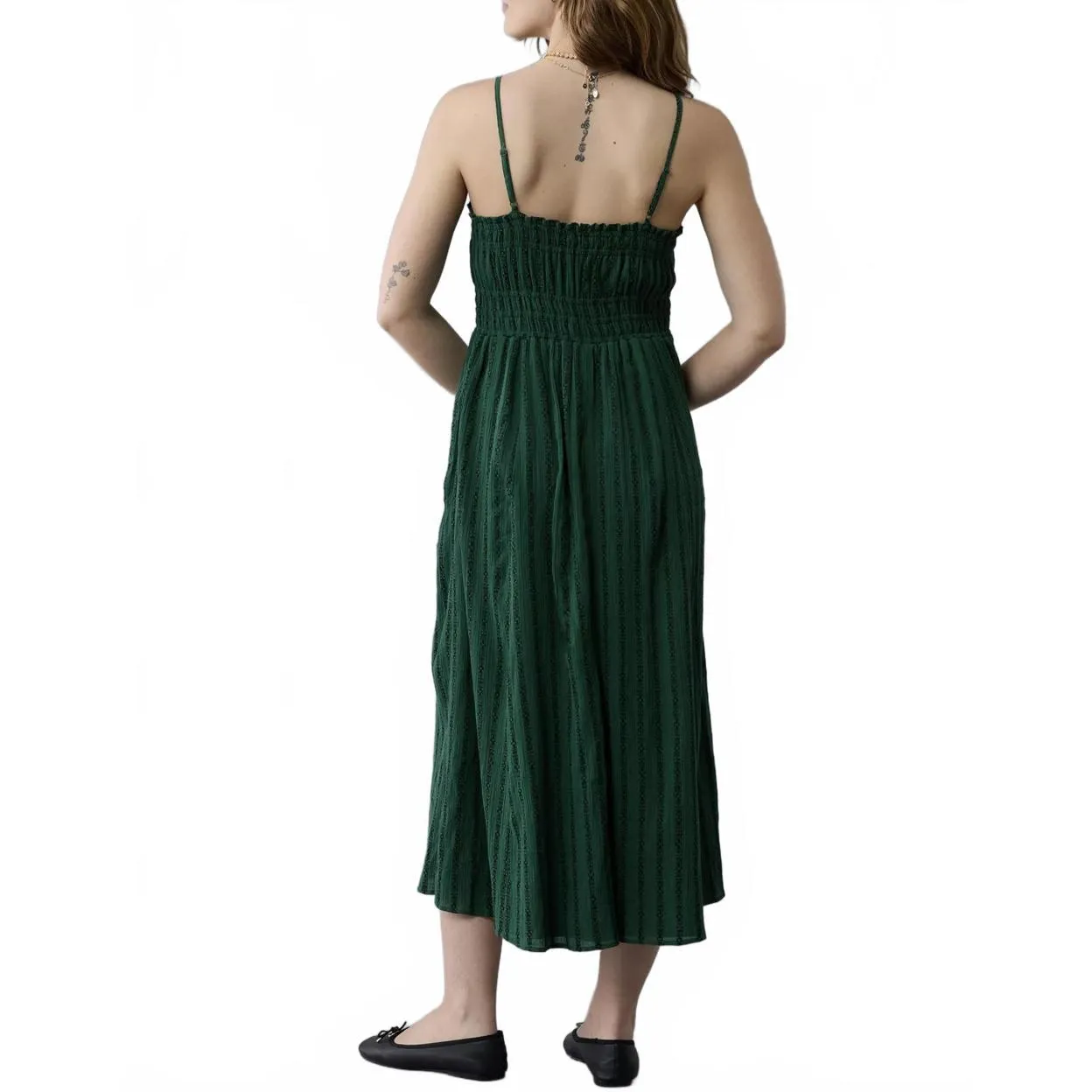 AE Ruched Button-Up Midi Dress American Eagle Green Black Small - Image 5