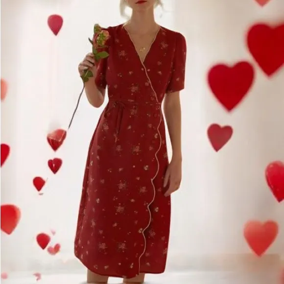 Simple Retro Kimura Floral Red Wrap Midi Dress XS NWT Style - Image 4