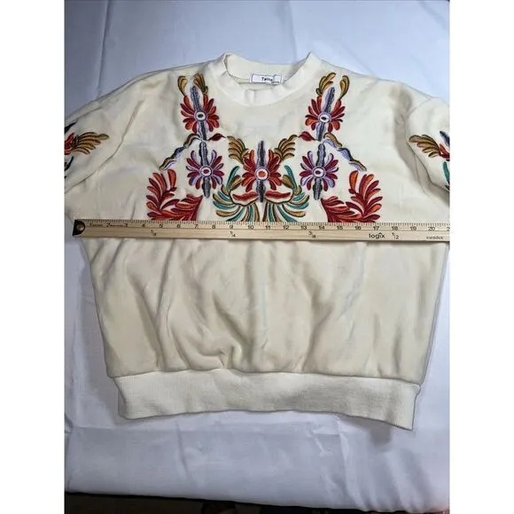 Vintage Cream Grandma Crewneck Embroidered Velvet‎ Sweater By Twins Blue Size M - Image 3