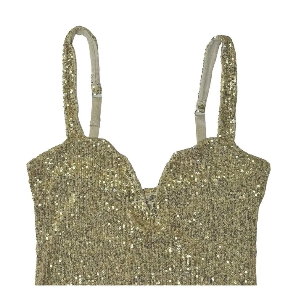 INTIMATELY FREE PEOPLE Sparks Fly Iridescent Gold Shimmery Sequin Bodysuit Sz M - Image 5