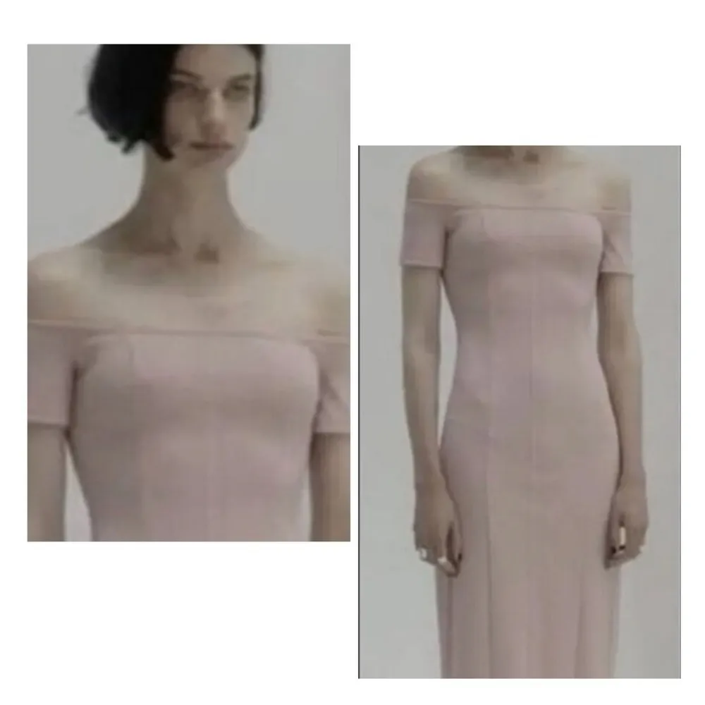Zara Off the Shoulder Bodycon Midi Dress XSMALL Baby Light Pink Topstitched - Image 3