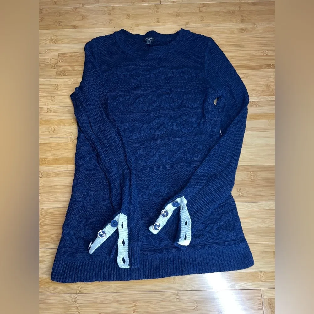 Talbots women’s Navy Pullover long sleeve Button Cuff Cable Knit Sweater|Size:MP - Image 2