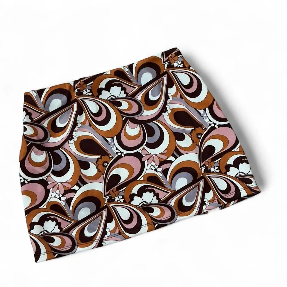 Bershka Retro Swirl Print Boho Mini Skirt Brown Pink White Women's Size S - Image 2