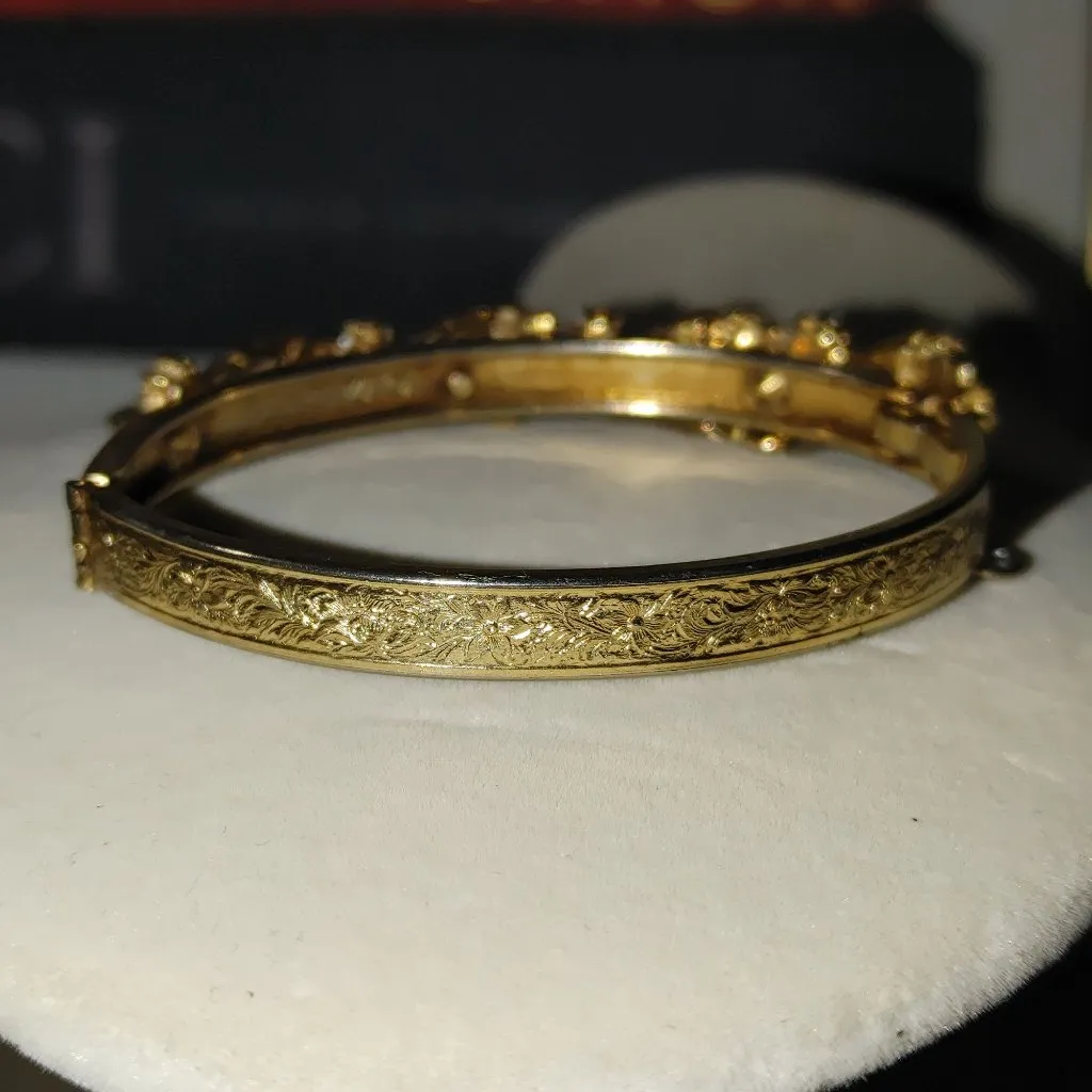 Florenza Bangle Hinge Bracelet Yellow Gold Tone Vintage Green AB Rhinestones - Image 10