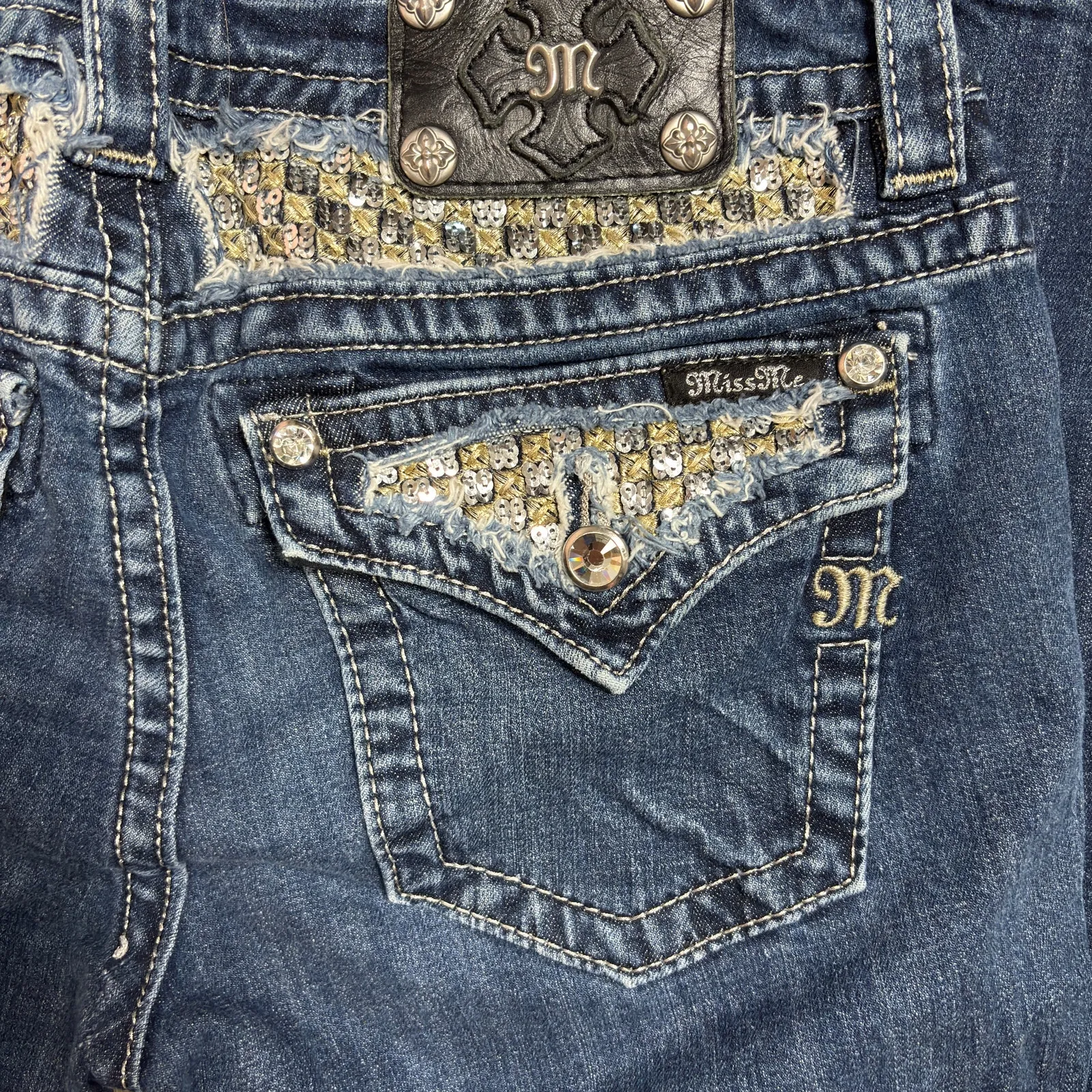 Miss Me Bootcut Jeans Sequin Waistband Crystal Flap Pockets 30 - Image 4