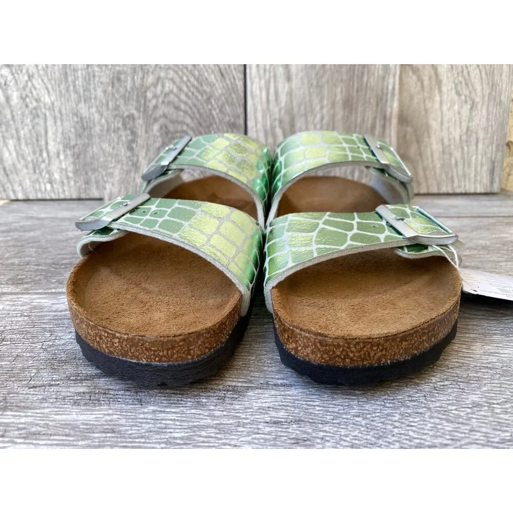 Birkenstock Arizona Women’s Sandals 9 Metallic Green Croc Print Slip-On Slides - Image 5
